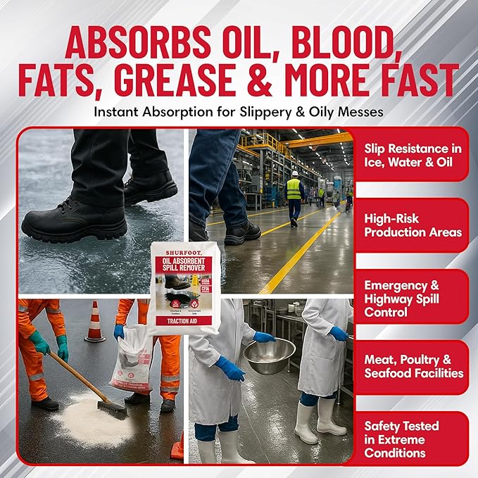 SHURFOOT 49lb Non-Slip Oil Absorbent - Provides Ice Traction & Vapor Suppression - Spill Control for Blood, Water & Oils - USDA Approved - Floor Dry Absorbent Odorless - Fire-Safe & Dustless