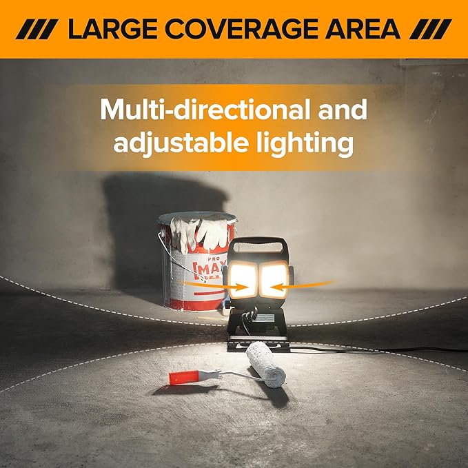 LUTEC 91.6W 10000 Lumen LED Work Light, Foldable Work Lights with 3 Adjustable Head, Portable Corded Construction Lights Job Site Lighting