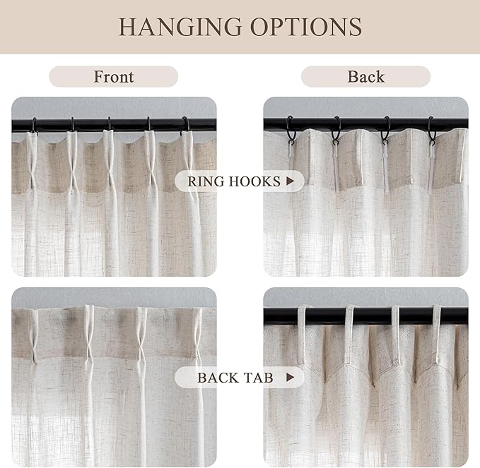 MYSKY HOME Linen Curtains 108 Inch Long Country Curtains for Sliding Glass Door, Semi Sheer Curtain Panels Extra Long Floor Length Drapes Linen Texture Soft Touch Pinch Pleated, 40" Wide, Linen 2 PCS