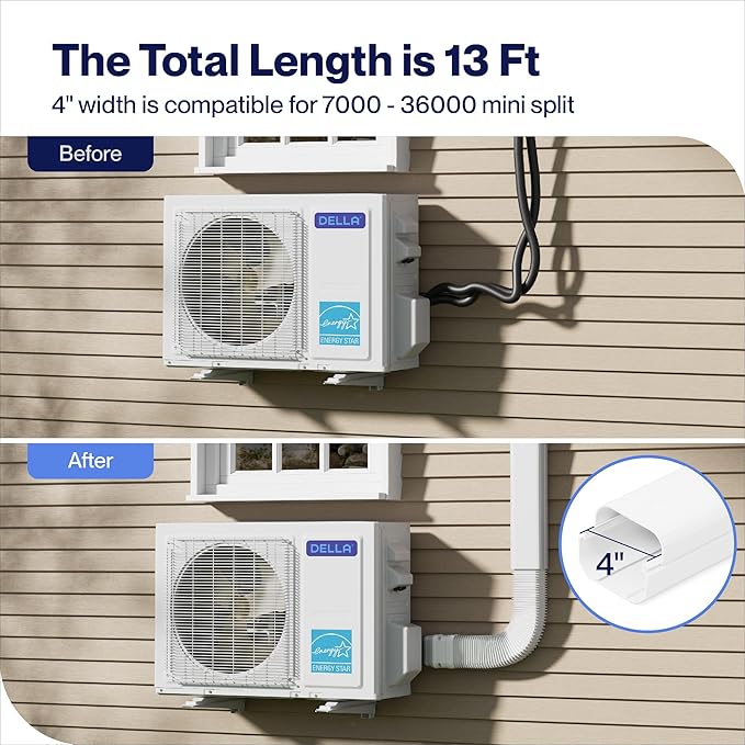 DELLA 4" 13 Ft Mini Split Line Set Cover with Flexible Duct, Decorative PVC Lineset Cover Kit, Paintable for Air Conditioner, Central AC, HAVC & Heat Pumps Systems Tubing Cover, White