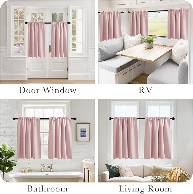 PONY DANCE Blush Pink Cafe Curtains 24 inch Length,Thermal Insulated Small Window Curtains for RV Camper, Privacy Basement Short Drapes, Peach Blush, W 29 x L 24 inches, 2 Panels Set
