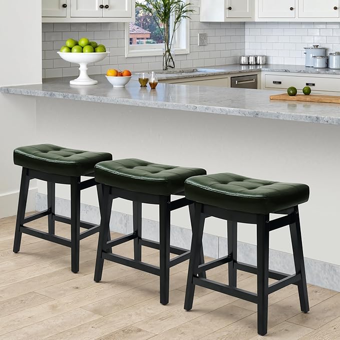 Counter Height Bar Stools Set of 4 for Kitchen Counter Farmhouse Modern Barstools with Faux Leather Upholstered Backless Seat and Solid Wood Legs 24 inch Bar Chairs, Green + Black