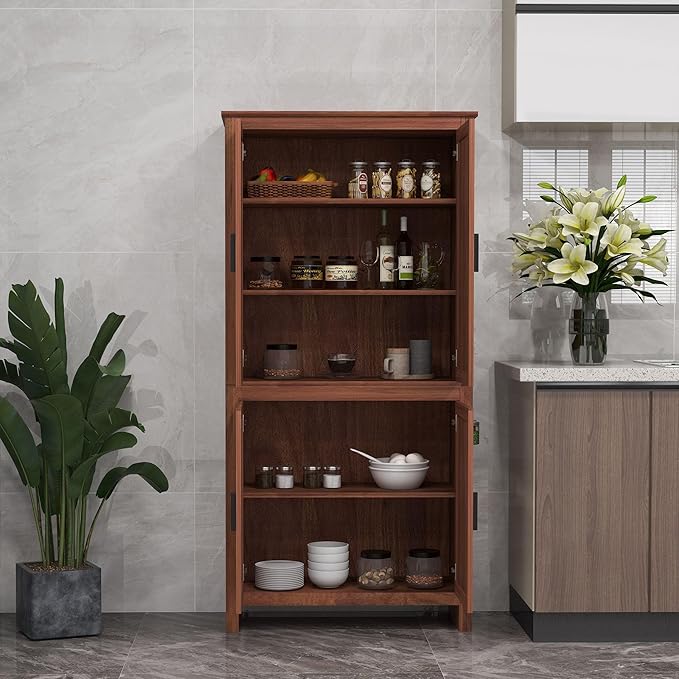 HOMCOM 64" Kitchen Pantry Cabinet, Freestanding Storage Cabinet with 4 Doors and 3 Adjustable Shelves for Dining Room, Brown