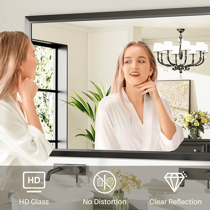 60x40 Inch Black Bathroom Mirror for Wall, Thick Metal Framed Rectangle Mirrors for Over Sink, Bedroom, Living Room, Entryway, Anti-Rust, HD Tempered Glass