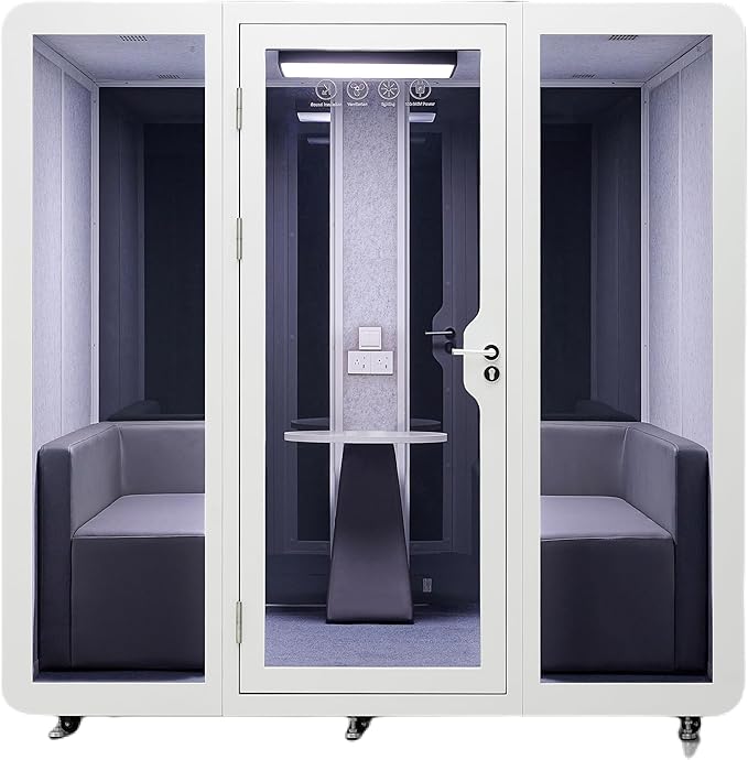 Office Pod, Sound Pod, Large Space SoundProof Office Pod for 8 People, Sound Booth Mobile Roller, LED Lighting, Centrifugal Fans and AC USB Ports X Large for 8 Persons White/Smoked Glass