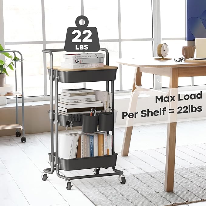 DTK 3 Tier Rolling Cart Uility Cart with Cover Board, Mobile Storage Cart with Wheels, Cups, Hooks for Office Utility Kitchen Bathroom Homeschool Art Craft Postpartum Teacher Cart Organizer(Black)