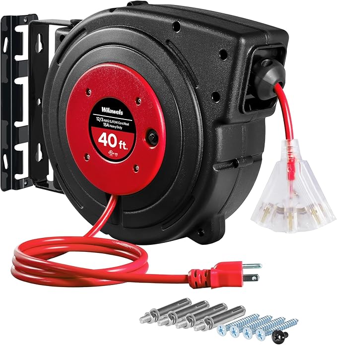 Retractable Extension Cord Reel, 40 FT Heavy Duty Power Cord, 12AWG/3C SJTOW, 3 Grounded Outlets Lighted Triple Tap, 15 Amp Circuit Breaker, UL Listed, Red R40CR06