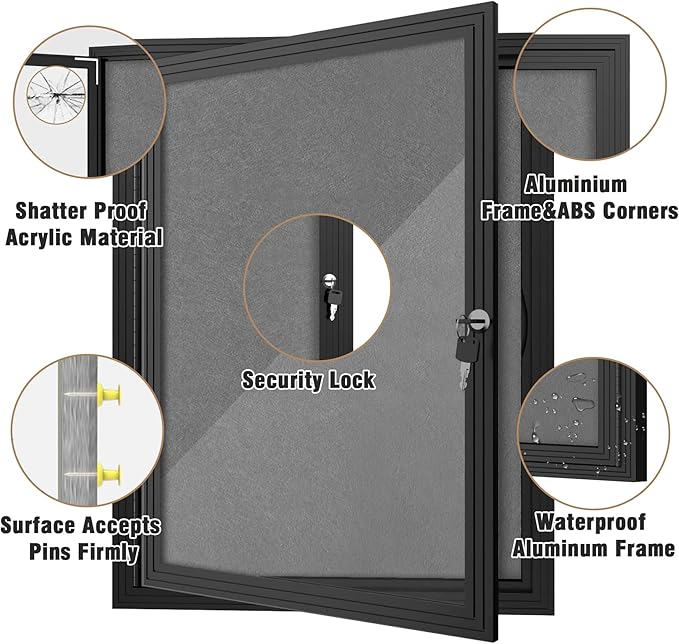 Mifuro 26"x20" Enclosed Bulletin Board, Outdoor Lockable Weather-Resistant Aluminum Cork Noticeboard for School & Office, Black Frame w/Grey Flet