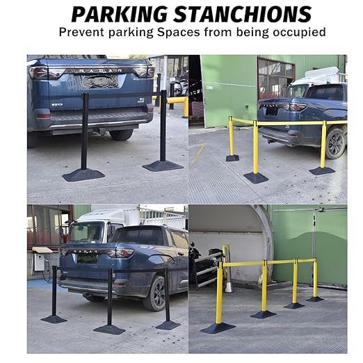BESEA 4 Pack 36" Black Crowd Control Barriers with 10FT Retractable Belt, Heavy Duty Rectangle Base Stanchions for Queue Management, Event, Hotel, and Airport Use