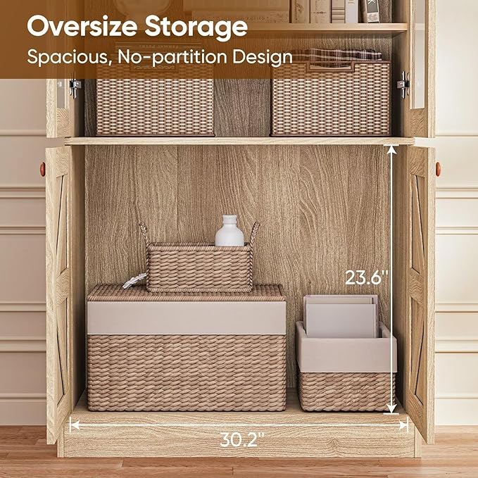 Vyre 71" Tall Farmhouse Bookshelves with Glass Doors and Drawers, Large Modular Bookcase with Adjustable Shelves, Rustic Storage Cabinet for Living Room and Kitchen, Set of 4, Brown