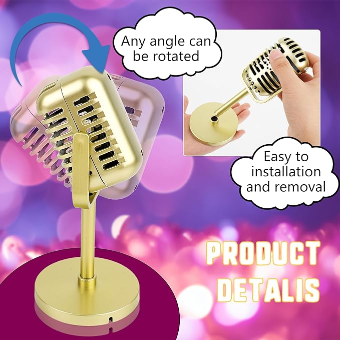 10 Pack Retro Microphone Props Fake Microphone Model with Stand Classic Vintage Plastic Antique Mic Table Decor for Halloween Party Decoration Rock Hip Hop Music Prop Pretend Play (Golden)