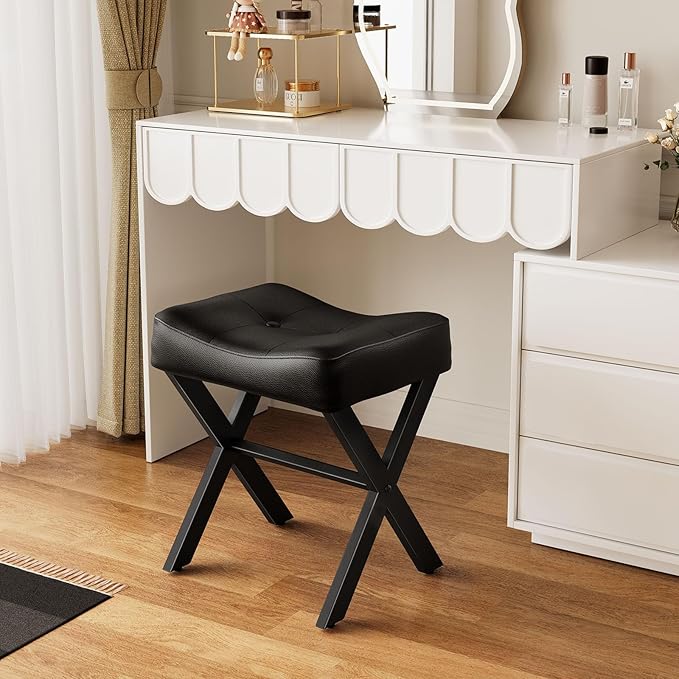 18-Inch Leather Vanity Stool Chair, Vanity Bench with Metal X-Leg, Ottoman Accent Stool with Thick Padded Saddle Seat, Black