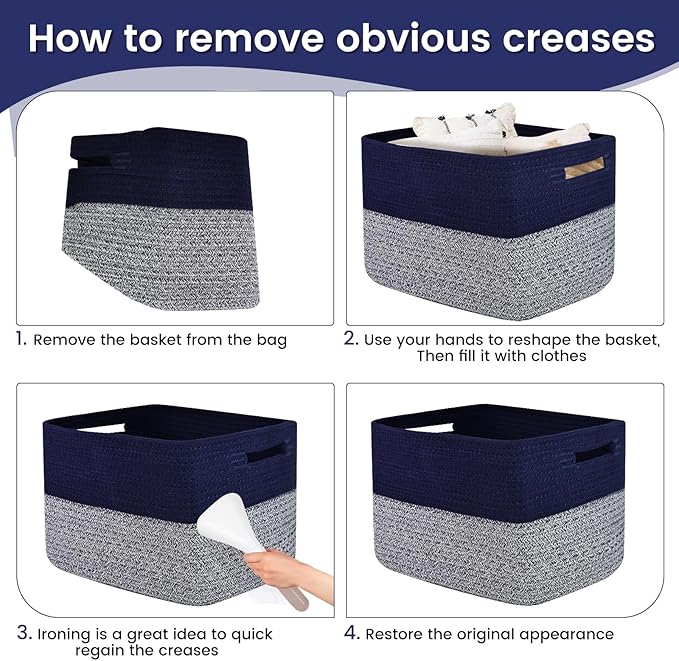 Shelf Woven Storage Basket, 15 x 10 x 9” Closet Rope Baskets For Organizing, Square Bins with Handles, Grey+Blue
