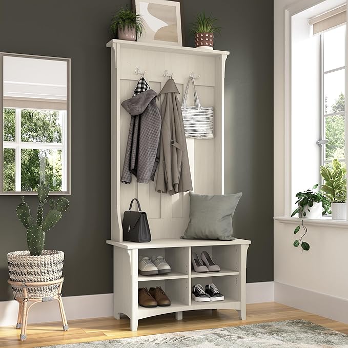 Bush Furniture Salinas Hall Tree with Shoe Storage Bench in Antique White, Multi-Purpose Home Organizer, Entryway Solution with Seating and Hooks