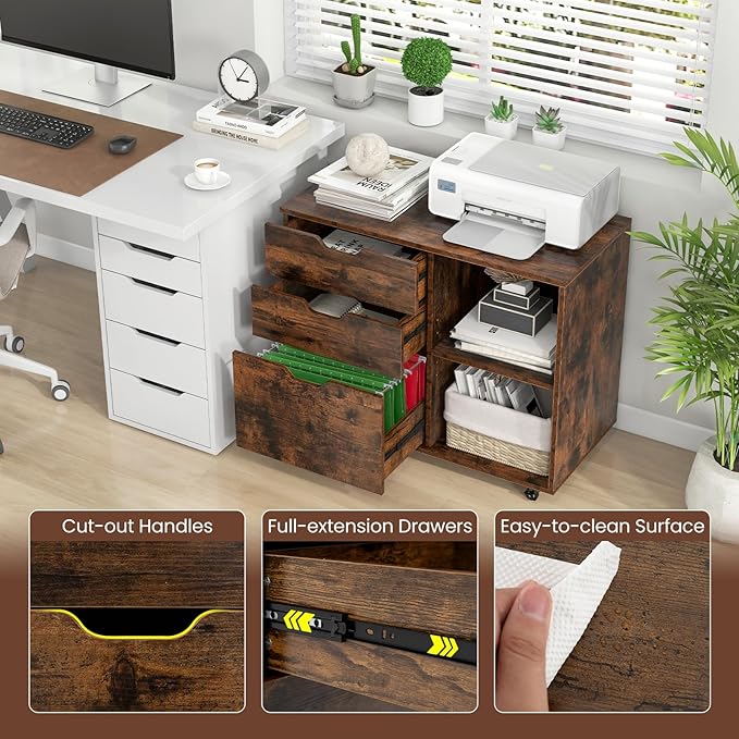 LOKO 3-Drawer File Cabinet, Mobile Printer Stand Cabinet with Adjustable Shelf, Rolling Lateral Filing Cabinet with Wheels for Letter, A4, Legal Size, for Home Office Organization (Rustic Brown)