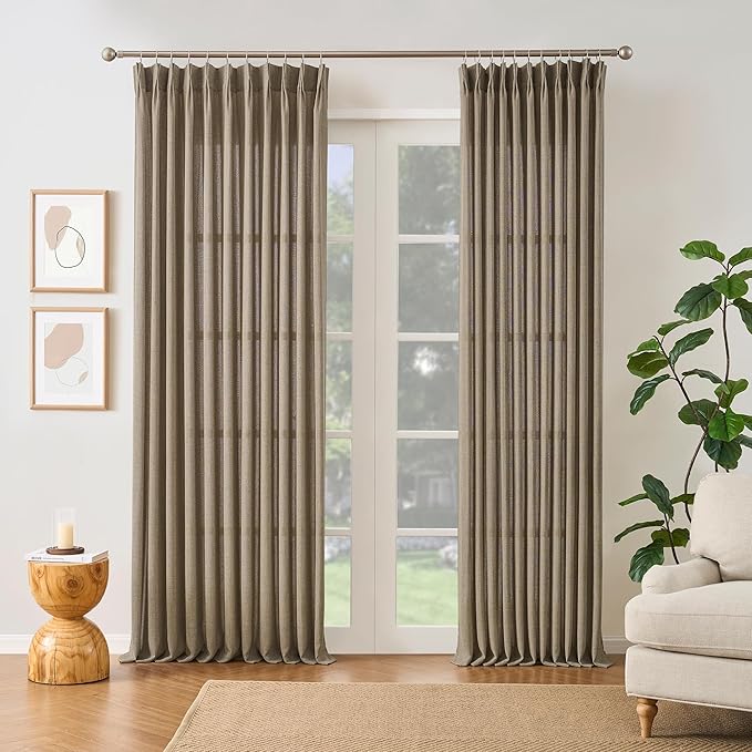 RAIN CITY Khaki Colored Sheer Pleated Curtains 105 Inch Length for Living Room 2 Panels Sets Back Tab Drapes with Hooks Extra Long Curtain for Bedroom W50 x L105