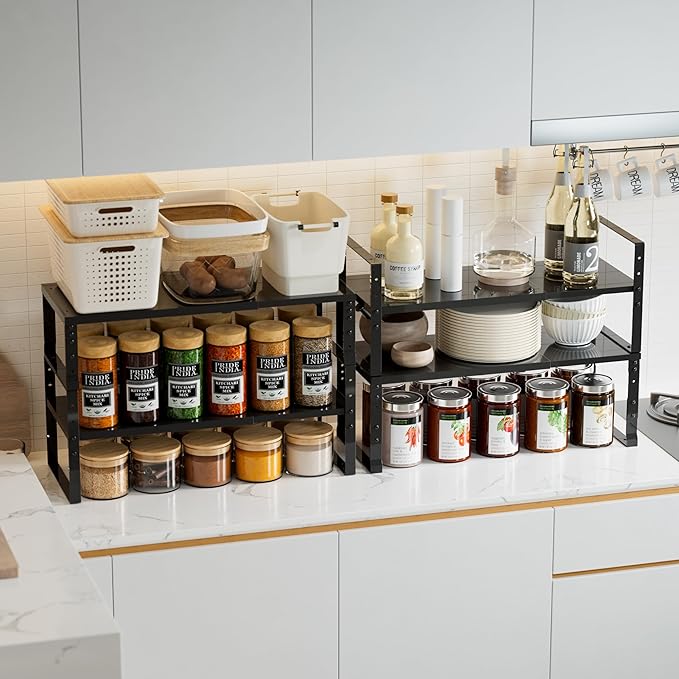 Expandable,Stackable Spice Rack,Seasoning Organizer and Storage,Spices Jar Racks for Cabinet,Countertop, Metal Pantry, Cupboard,Laundry Storages,Heavy Duty(2 PACKS/LARGE/BLACK)