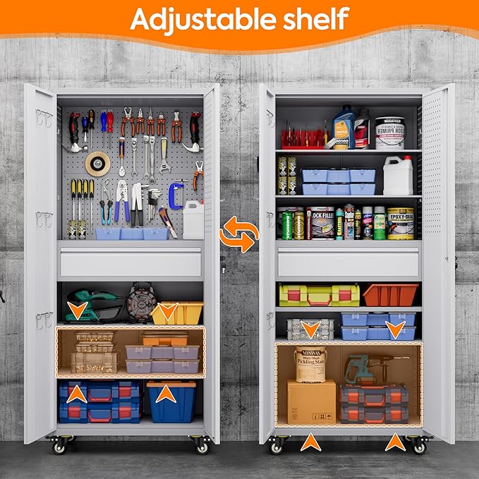 Metal Storage Cabinet with Drawers, Locking Garage Tool Cabinets on Wheels with Pegboards and Hooks for Warehouse Homes, Offices, Assembly Required(Grey&White)