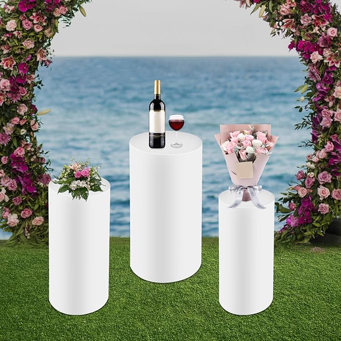 OUKANING 3 PCS Metal Display Pedestal Stands, Cylinder White Display Stands Pillars, Decoration Cube Sculpture Display Column for Wedding Party Baby Shower Birthday, H27.56'', 26'', 23.62''