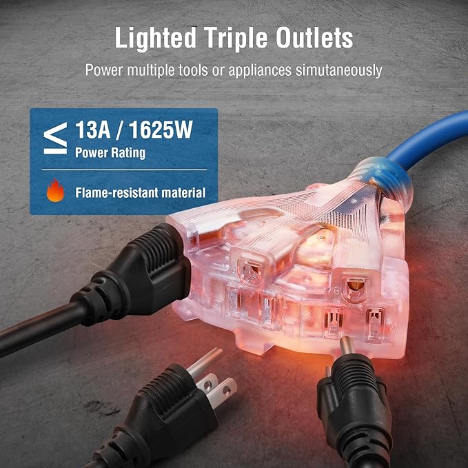 SURAIELEC 12 Gauge Extension Cord Reel, 60 FT Retractable Extension Cord, 12 AWG/3C SJTOW Heavy Duty Power Cord, 13 AMP Circuit Breaker, Lighted Triple Tap, Ceiling or Wall Mount, ETL Listed, Blue