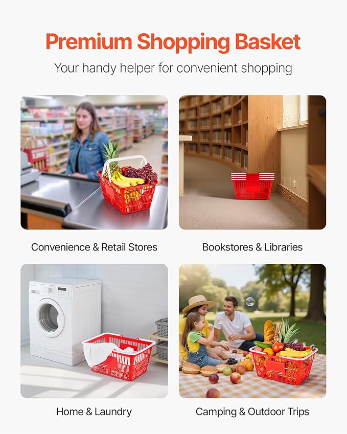 VEVOR Shopping Baskets, 4 PCS, 21L Stackable PE Plastic Grocery Baskets with Handles, Dense Mesh Structure, Holds up to 20 lbs, Portable for Grocery, Retail, Stores, Supermarket, Home Use, Red