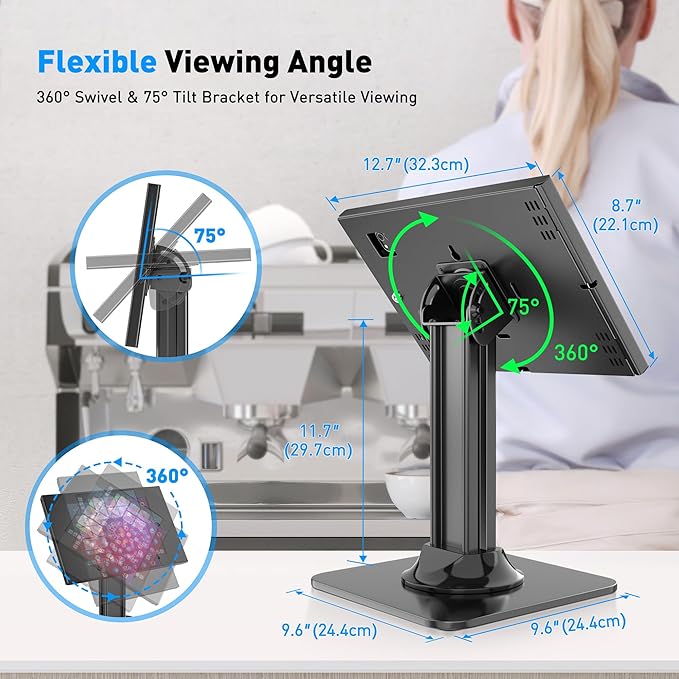 AboveTEK Anti-Theft iPad Kiosk Stand, POS iPad Security Stands, Aluminum Locking Tablet Stand with Heavy Duty Base, 360° Swivel & 75° Tilt, Retail Desk Mount for Business & Commercial Use (Black)