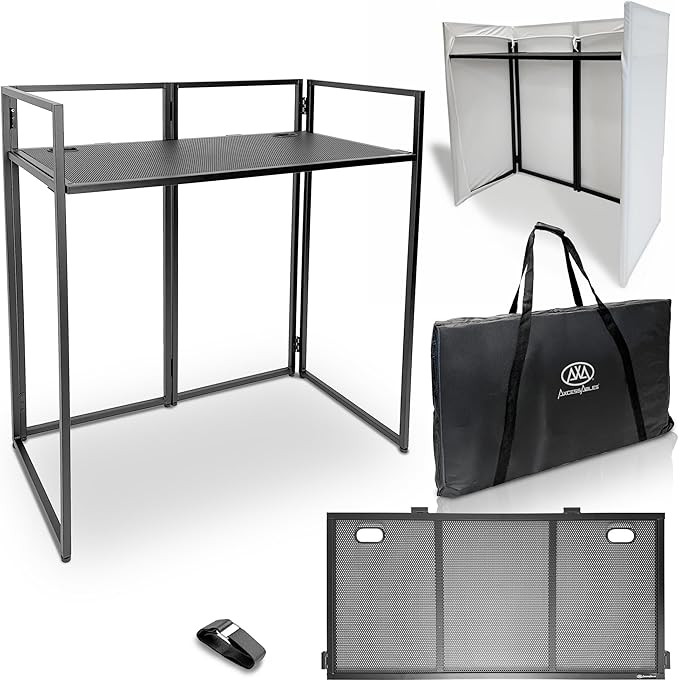 AxcessAbles Portable White DJ Facade Booth with Carry Case – 40" x 20" Tabletop, Steel Frame, and White Scrim | White DJ Table | Event Booth (ES-01X)
