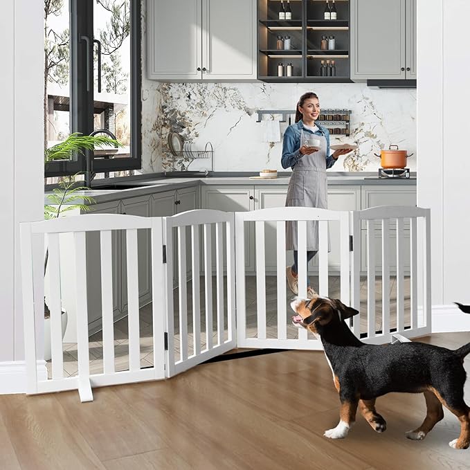 Freestanding Dog Gate Indoor,Doggie Gate Foldable Dog Gates for Doorways,Stairs or Hallways, Wooden White Pet Gate for The House, Pet Fence with Support Feet Included,24 "Height-4 Panels