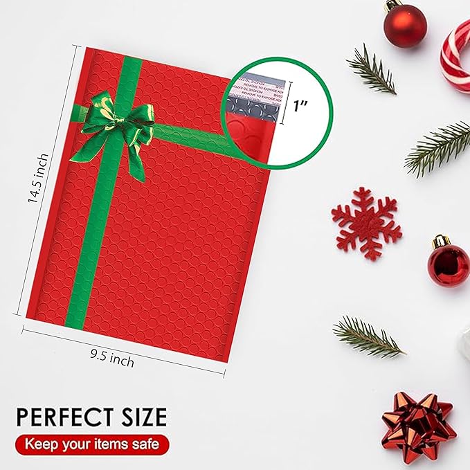 Christmas Poly Bubble Mailers | #4 Cushion Mailer, 9.5x14.5" | Self Seal | Holiday Themed, Red Green Gift Packaging Envelope | Xmas Padded Envelopes | Shipping Bags Mailing Envelopes | 100 pack Bulk