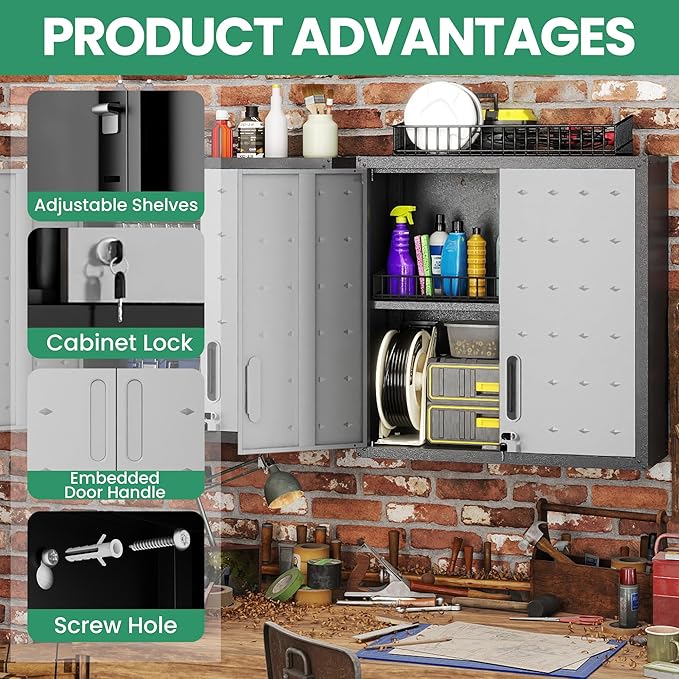 Wall Cabinet, Wall Mounted Cabinet with Lock and Adjustable Shelf for Garage, Tool Room, Kitchen, Assembly Required(Black and Gray)