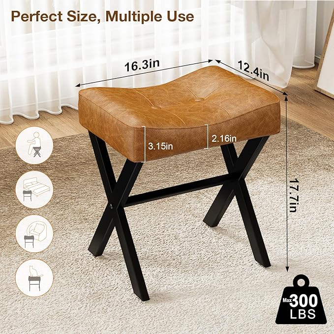 18-Inch Leather Vanity Stool Chair, Vanity Bench with Metal X-Leg, Ottoman Accent Stool with Thick Padded Saddle Seat, Brown