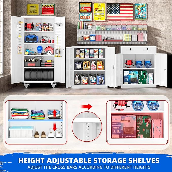 INTERGREAT Metal Storage Cabinet with Wheels, 72" Locking Storage Cabinets with Door and 4 Shelves, Tool Storage Locker on Casters for Home Office, White