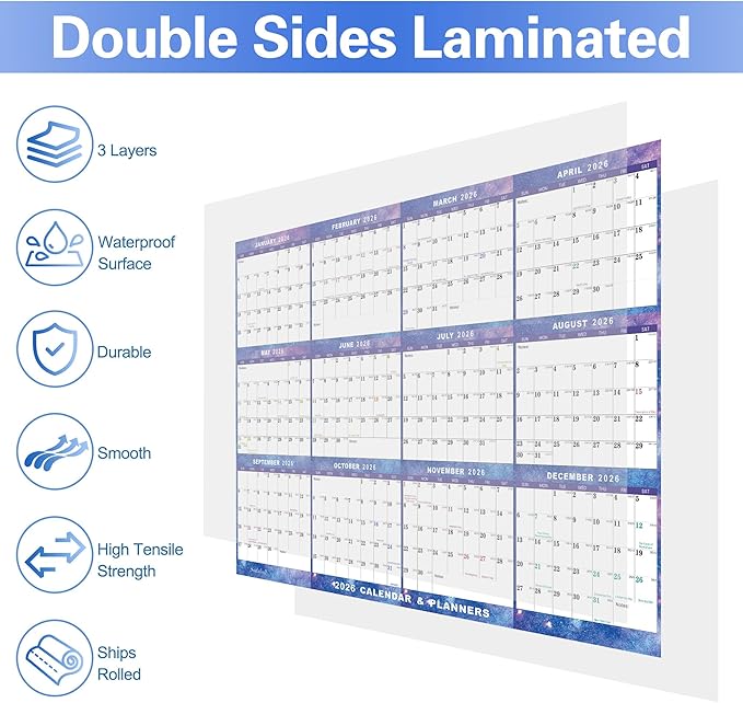 6pcs 32" x 48" 2026 Wall Calendar Dry Erase - Large Starry Sky Calendar Wet & Dry Erasable Laminated 12 Month Annual Yearly Planner, Reversible, Horizontal/Vertical (2026 Wall Calendar)