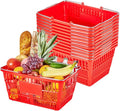 VEVOR Shopping Baskets, 12 PCS, 21L Stackable PE Plastic Grocery Baskets with Metal Handles, Dense Mesh Structure, Holds up to 20 lbs, Portable for Grocery, Retail, Stores, Supermarket, Home Use, Red