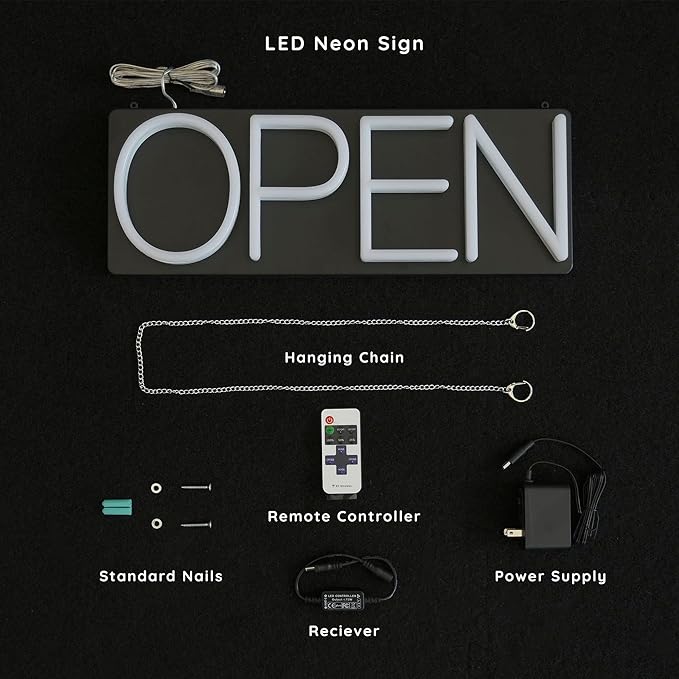HiNeon White Neon Open Sign 20inx7in LED Light w/Remote Controller, Electric Light Up Open Sign for Business Store, w/Hanging Chain for Shop Windows, Direct Plug-In w/ 12V Power Adapter