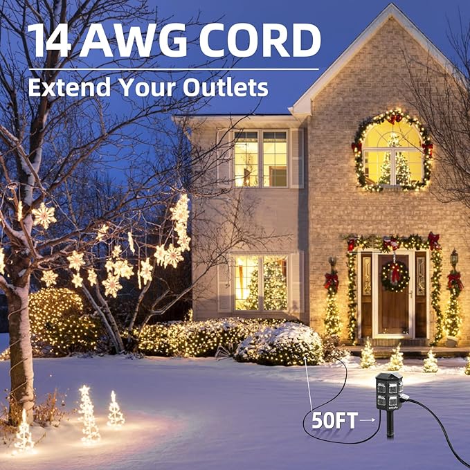 TiFFCOFiO Outdoor Power Strip Weatherproof, 50 FT Extension Cord with Power Stake, 6 Grounded Outlets for Outdoor Lights, 15A/1875W, ETL Listed