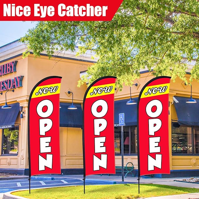 Buryeah 3 Sets Now Open Feather Flag Pole Kit for Business Advertising 7 ft Open Flag Banner Sign with Pole Kit Ground Stake and Portable Bag for Outside Ground (Red)
