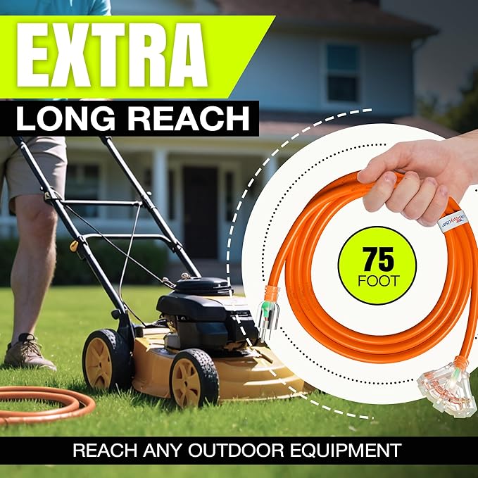 75ft Outdoor/Indoor Extension Cord 3-Outlet 12/3 Gauge Extra Heavy Duty ETL Listed, 3 Prong SJTW, Waterproof, Flexible Cold-Resistant Long Power Cord,15A 125V 1875W, Orange by LifeSupplyUSA