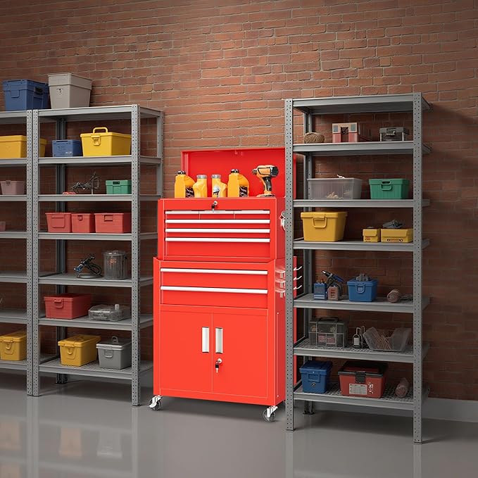 Bonusall 8 Drawer Rolling Tool Chest and Cabinet Combo,Heavy-Duty Metal Garage Tool Chest with Wheels and 2 Doors,2-in-1 Top Box and Roller Cabinet Combo for Garage, Workshop, Warehouse-Red