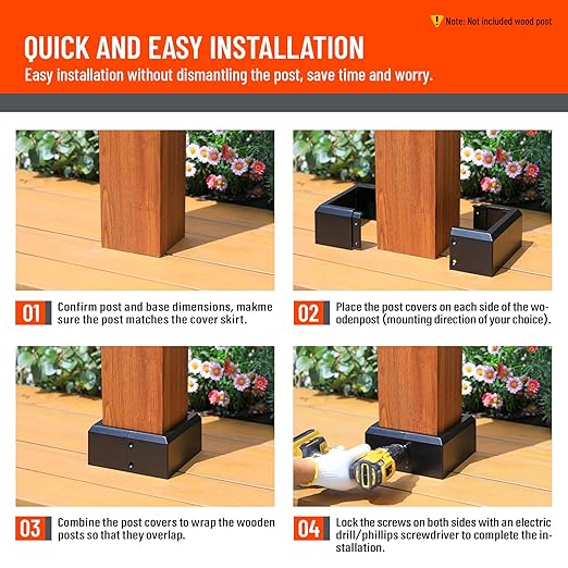 6"x6" (Actual: 5.5"x5.5") Deck Post Base Cover Split, Aluminum Post Base Trim Skirt Decorative Black 8Pack