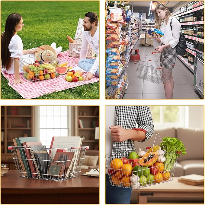 2 Pack Wire Shopping Baskets with Handle and Bumpers 17.7 x 12.6 x 7.9 Inch Foldable Sturdy Metal Basket Storage Organizer for Retail Grocery Supermarkets Kitchen Vegetables Fruits Picnic