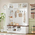 Merax Farmhouse Wood Hall Tree with 6 Hooks and Shoe Bench, Mudroom Versatile Coat Racks with Cabinets and Shelves, Entrance Organizer for Hallway White