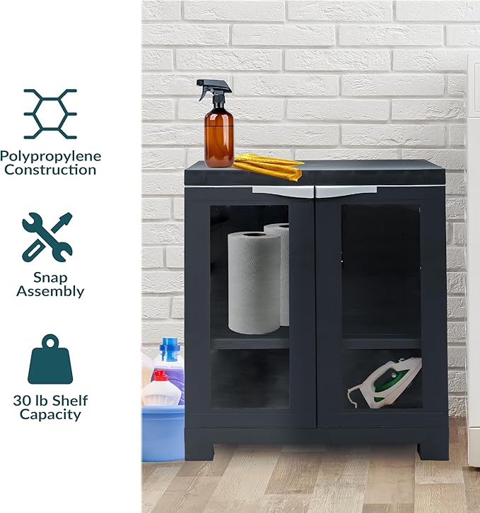 Sunnydaze Storage Cabinet with 2 Acrylic Glass Doors - Plastic Storage Cabinet - 25.5" H - Garage, Office, Home, Laundry Room