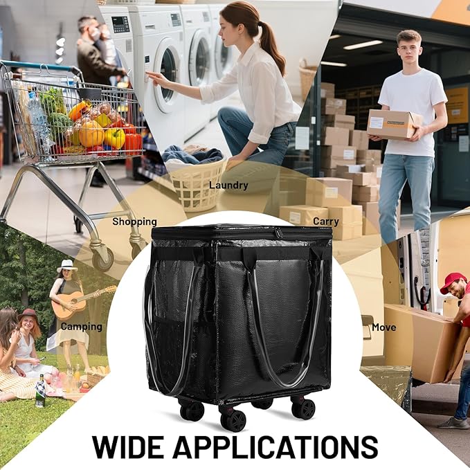 (Medium) Fanwoli Reusable Grocery Bag on Wheels with Upgraded Wrinkle-Resistant Fabric | Enhanced Stability Wheels & Extended Handle | Foldable Shopping Trolley for Laundry, Carries Up to 66 L