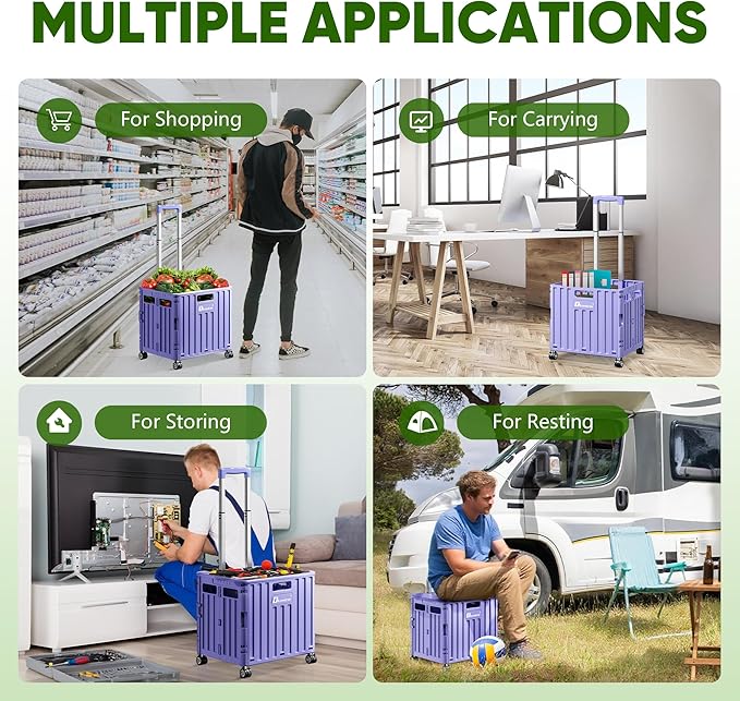 Folding Utility Cart with Lid, Portable Rolling Crate Handcart Collapsible Shopping Trolley, Durable Plastic Foldable Tool Basket with 4 Rotate Wheels for Grocery, Office, Luggage, School - Purple
