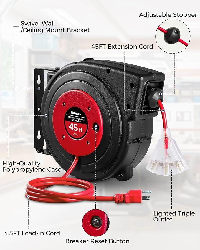 Retractable Extension Cord Reel, 45 FT Heavy Duty Power Cord, 12AWG/3C SJTOW, 3 Grounded Outlets Lighted Triple Tap, 15 Amp Circuit Breaker, UL Listed, Red R45CR06