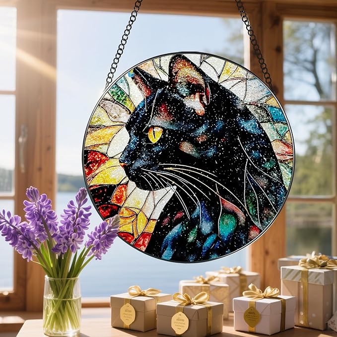 8″ Stained Glass Window Hanging Ornament, Black Cat Stained Glass Suncatcher Ornament, Sun-Catcher Window Decor | Gifts for Cat Lovers, Pet Lover Gift