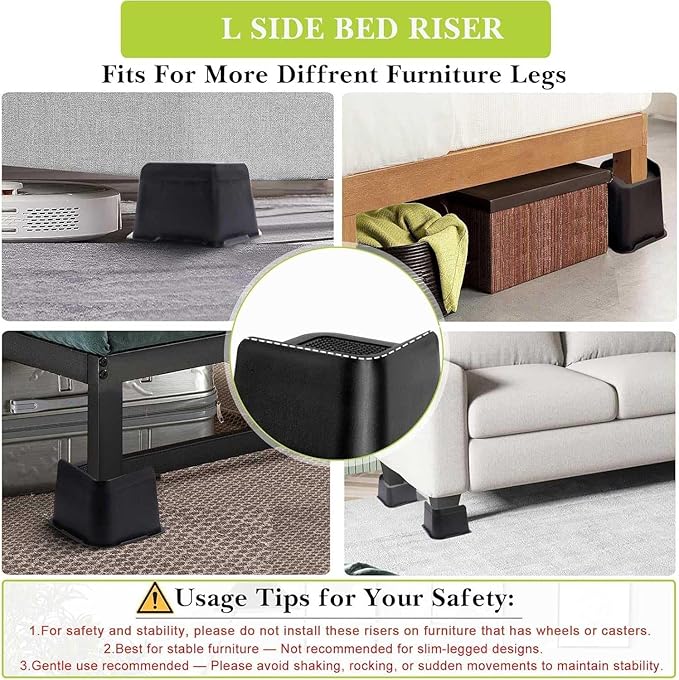 Bed Risers 2 inch, 3 inch, 4 inch, 6 inch, 8 inch Heavy Duty, Oversized Furniture Riser for Couch Sofa Table Chair Leg Frame Dorm, Support up to 6000 Lbs (Black 6 Pack, 4 inch)