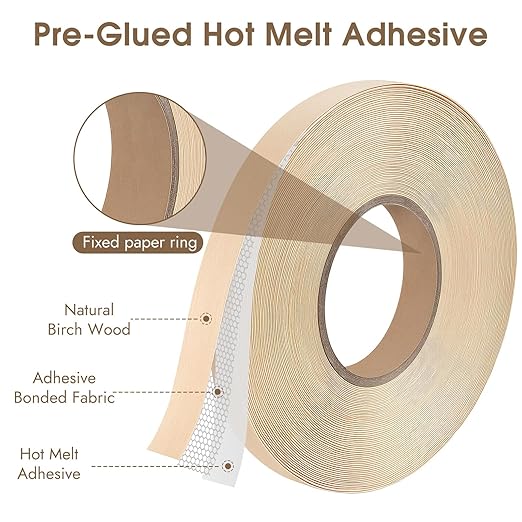 BEVTEE Birch Edge Banding, 3/4 Inch x 100 ft Wood Veneer Roll Pre-glued, Flexible Birch Iron-on Veneer Edge Band for Plywood & Furniture Edging, Natural Wood Color for DIY & Professional Projects