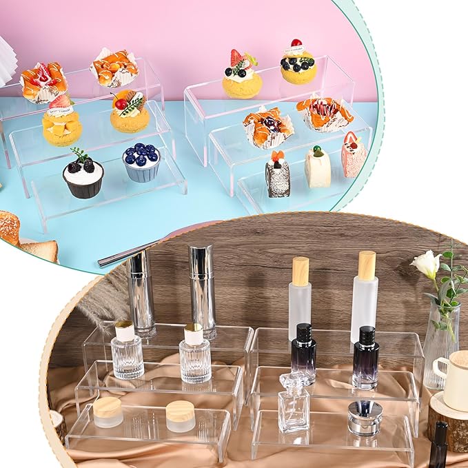 6 Pcs Large Acrylic Display Risers, 12" Large Risers Display Stands, 2 Sets Thickened to 0.19" Clear Rectangular Display Shelf for Figures, Jewelry, Perfume, Showcase, Collectibles, Dessert